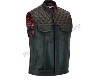 Cowhide Leather Motorcycle Vest: Biker Club Style, Conceal Carry