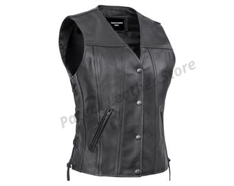 Genuine Leather Biker Vest: Women's Black Motorcycle Vest with Side Laces
