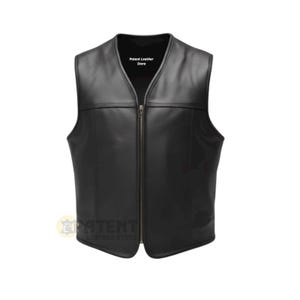May include: A black leather vest with a V-neck and a full-length zipper. The vest has a classic design with a smooth texture and a tailored fit. The text "Patent Leather Store" is visible on the inside of the vest.