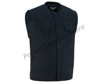 Men's Collar Less Denim Motorcycle Vest: Handcrafted Biker Riding Vest