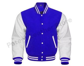 Giacca da baseball da uomo in lana blu con maniche in vera pelle bianca, stile college Letterman