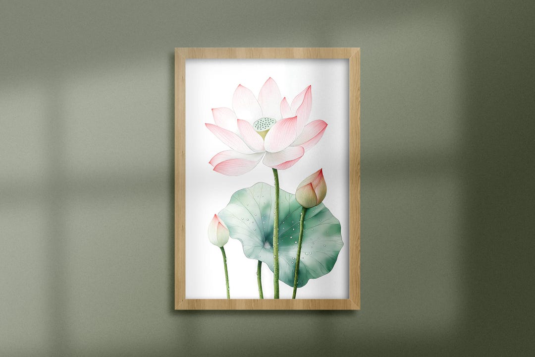 Minimalist Pink Lotus Flower Wall Art Print With Buds and Leaves Poster ...