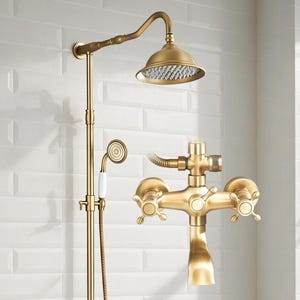 Antique Brass Wall Mounted Shower System with Handheld Sprayer – Vintage Rainfall Shower Faucet Set