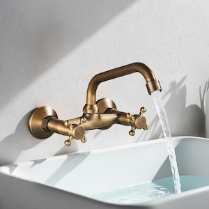 Antique Brass Wall Mounted Bathroom Faucet – Dual Handle Vintage Sink Mixer Tap