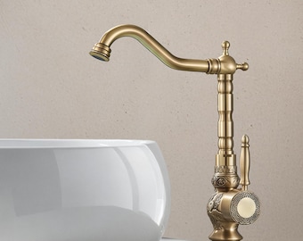 Antique Brass Carved Faucet | Vintage Solid Brass Bathroom Sink Tap