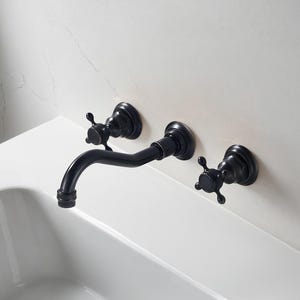 Matte Black Wall Mounted Faucet – Solid Brass Vintage 3 Hole Basin Tap, Double Handle Bathroom Sink Mixer, Industrial Style