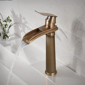 Antique Brass Waterfall Faucet – Tall Vessel Sink Mixer Tap, Modern Bathroom Vanity Fixture