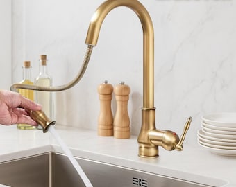 Antique Brass Pull Out Kitchen Faucet | Solid Brass Vintage Sink Tap