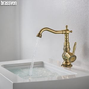 Grifo de cocina antiguo de latón tallado – Grifo de lavabo vintage, latón macizo