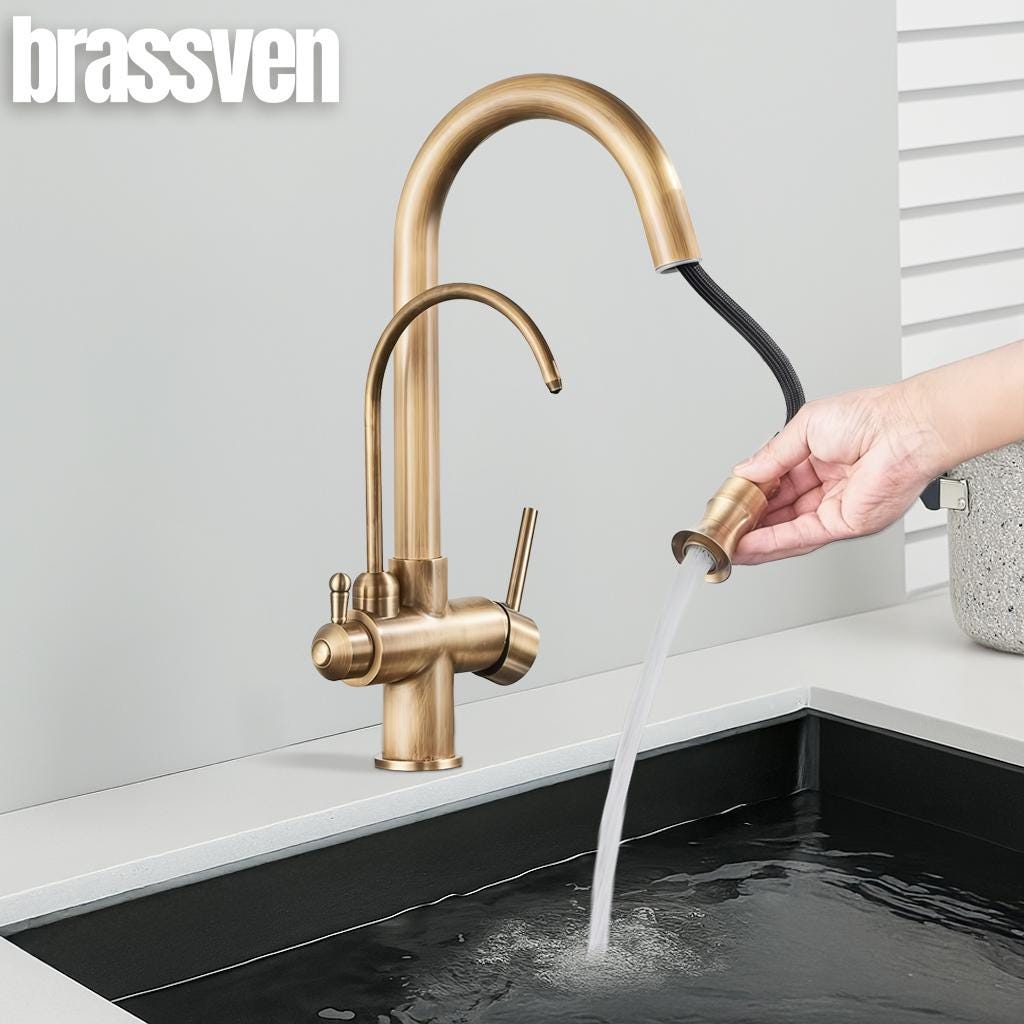 Antique Brass Pull-Out Kitchen Faucet – Stylish & Durable | Health-Friendly Solid Brass Tap | Vintage Design
