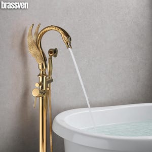 Freestanding Gold Swan Shape Bathtub Faucet | Solid Brass Floor Mounted Tub Filler