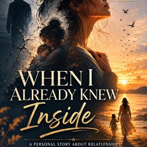 May include: Book cover art featuring a woman with closed eyes, a child, and a silhouette of a man. The title "When I Already Knew Inside" is prominent. The background shows a sunset over water, with text: "Not a story of weakness. A story of awakening."