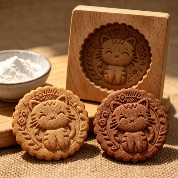 Handmade Wooden Cookie Mold Cat Design: Embossed 3D Wooden Biscuit Stamp for Baking, Cat Lover Gift