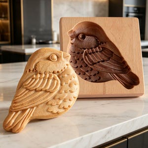 May include: A bird-shaped biscuit sits beside a wooden mould with a carved bird design. The biscuit is light brown with detailed feather and eye markings. The wooden mould is square and features a dark brown bird carving.