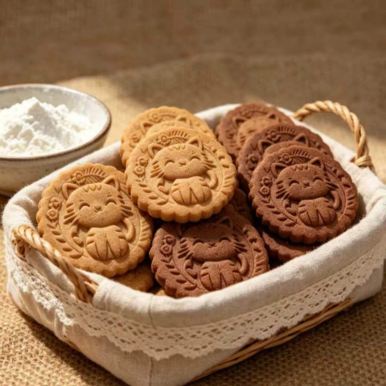 Handmade 3D cat cookies in a rustic lined basket, featuring detailed embossed patterns created with a 4x4 inch wooden biscuit stamp for artisan baking.