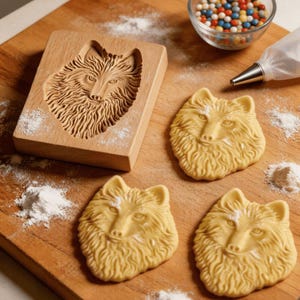 May include: A wooden cookie mold with a carved wolf face, alongside three wolf-shaped cookies. The cookies are light yellow, and the mold is surrounded by flour and a bowl of colorful sprinkles. A pastry bag with a metal tip is also present.