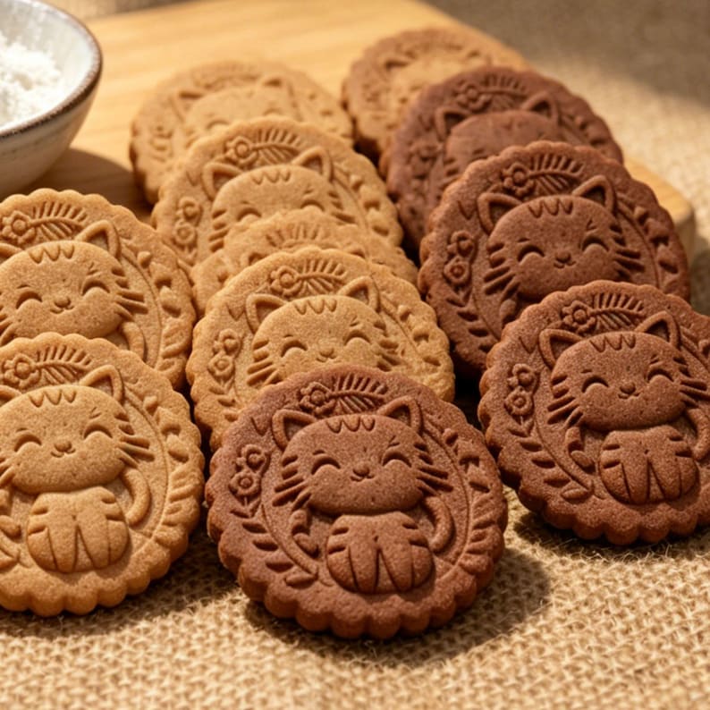 A batch of beautifully embossed cookies in light and dark brown, featuring a detailed 3D smiling cat design made with a handcrafted 4x4 inch wooden cookie mold