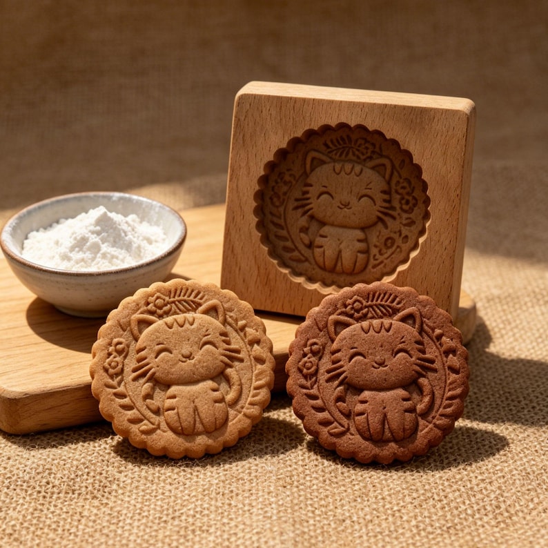 Handcrafted 4x4 inch wooden gingerbread mold with a carved smiling brown and chocolate cat and floral wreath design, shown next to two perfectly embossed cookies in light and dark brown shades.