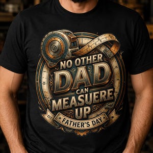 May include: A black short-sleeved t-shirt featuring a graphic design with a vintage tape measure and the text NO OTHER DAD CAN MEASUERE UP FATHER'S DAY. The illustration includes metallic gold and blue tones with intricate circular border details.