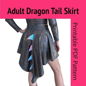May include: A metallic grey dragon tail skirt with iridescent details and an asymmetrical design. The skirt has colourful, triangular tail fins and the text "Adult Dragon Tail Skirt" and "Printable PDF Pattern".
