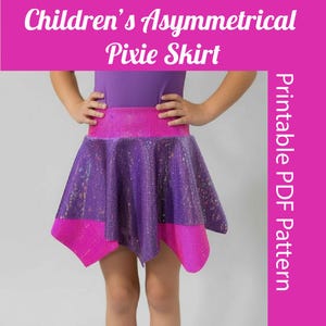May include: A purple and pink asymmetrical pixie skirt. The skirt has a sparkly, textured fabric with a contrasting pink waistband and hem. The image includes the text "Children's Asymmetrical Pixie Skirt" and "Printable PDF Pattern".
