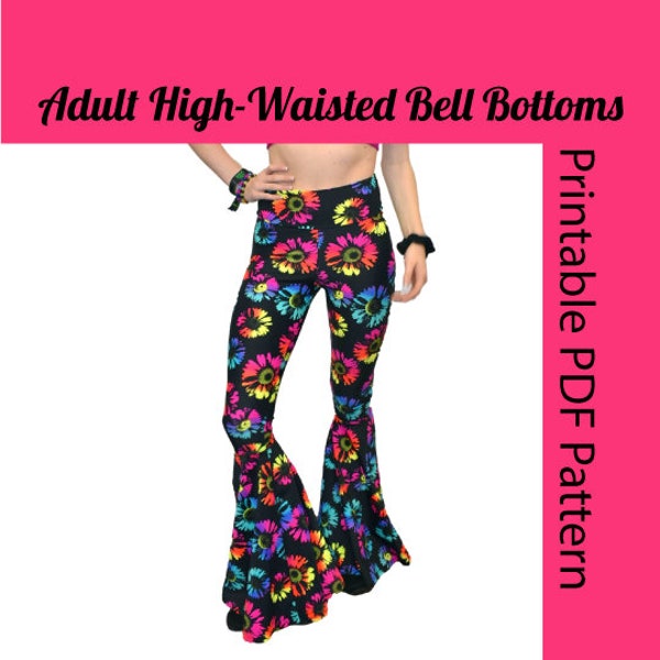 4-Way Stretch XS-XL Adult High-Waisted Bell Bottoms - Patron PDF imprimable - Cousez votre propre pantalon évasé, Costume des années 60, Téléchargement immédiat