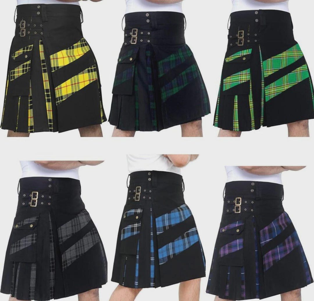 Kilt Feature Men's Scottish Modern Hybrid Cotton Kilt Tartan Cross Strip Kilts in 50 ...