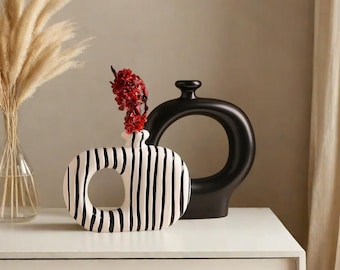 Zebra Stripe Ceramic Vase: Modern Black and White Home Decor