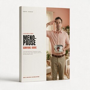 May include: A book titled Menopause Survival Guide with a white cover featuring black and red text. The cover displays a person in a light pink shirt and khaki pants saluting while holding a small open kit containing a fan and tissues.