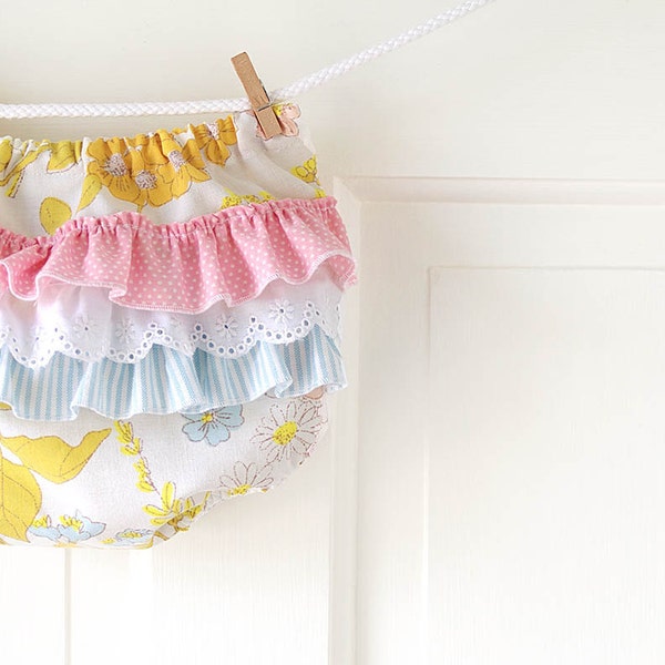 Ruffle Butt Diaper Cover Bloomer- Yellow and Pink Vintage Floral- 6m 12m 18m- Baby Shower Gift- Baby Spring Fashion- Recycled