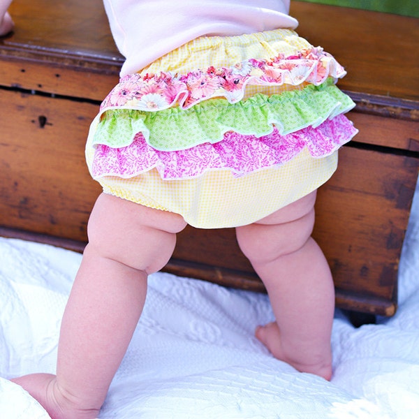 CLEARANCE Ruffle Butt Diaper Cover Bloomer- yellow & pink- 6m 12m - Gingham- Baby Shower Gift- Baby Spring Fashion