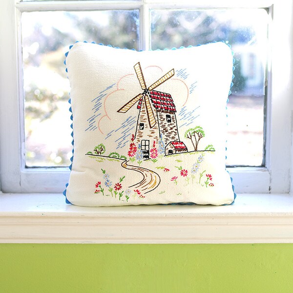 Windmill Embroidery Decorative Pillow Cover - Vintage Textile- Shabby Chic Home Decor - Recycled Shirt Back