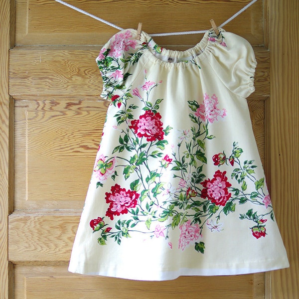 2T Tablecloth Dress- Vintage Recycled Burgundy and Pink Floral on Butter Cotton Blend- Toddler Girls Dress