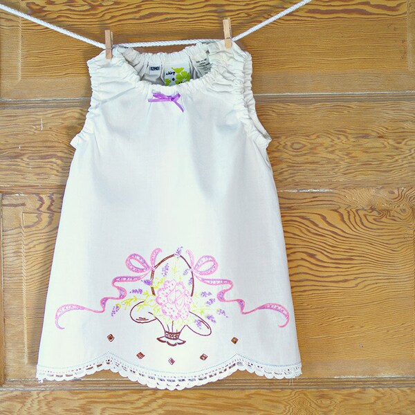Handmade Baby Dress- 12m- Shabby Chic- Vintage Pillowcase Dress- Pink Flower Basket Embroidery- Heirloom Baby Shower Gift