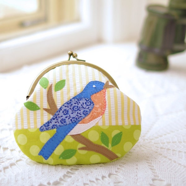 Bird Purse- Bluebird Coin Purse- Blue and Lime Handmade Applique- Gift for Mom- Teacher Gift- Gift for Her
