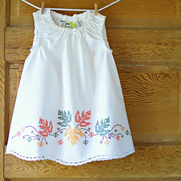 Handmade Baby Dress- 18m- Shabby Chic- Vintage Pillowcase Dress- Fall Foliage Embroidery- Heirloom Baby Shower Gift