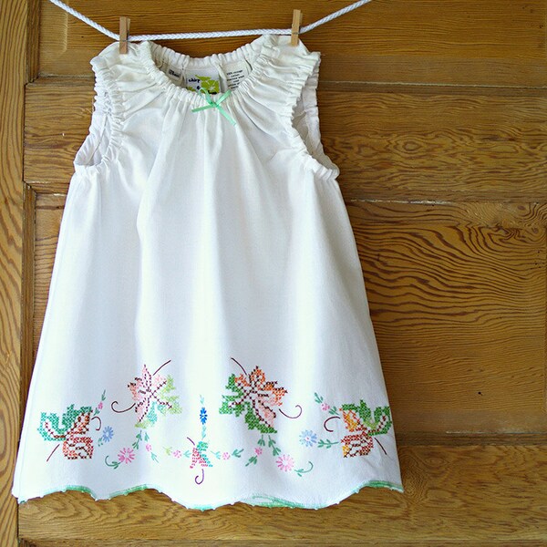 Handmade Baby Dress- 24m- Shabby Chic- Vintage Pillowcase Dress- Falling Leaves Embroidery- Heirloom Baby Shower Gift