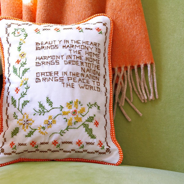 Vintage Embroidery Pillow: Recycled Cross Stitch Sampler - Orange, Gold, Sage - Home Decor - Recycled Shirt Back