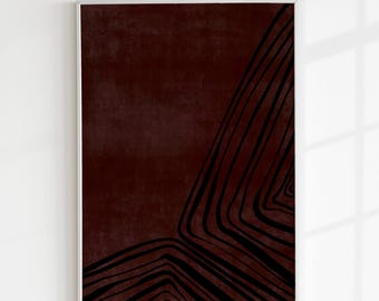 Abstract Minimalist Wall Art Print, Dark Red Line Poster, Modern Geometric Printable, Wabi-Sabi Textured Art, Neutral Home Decor