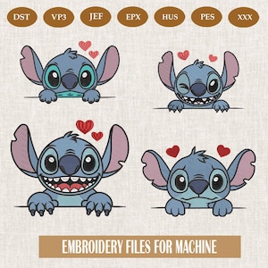 Disegno per ricamo a macchina con combinazione di cartoni animati Stitch Blue - Adorabile tema Lilo e Stitch, ricamo a forma di cuore per felpa