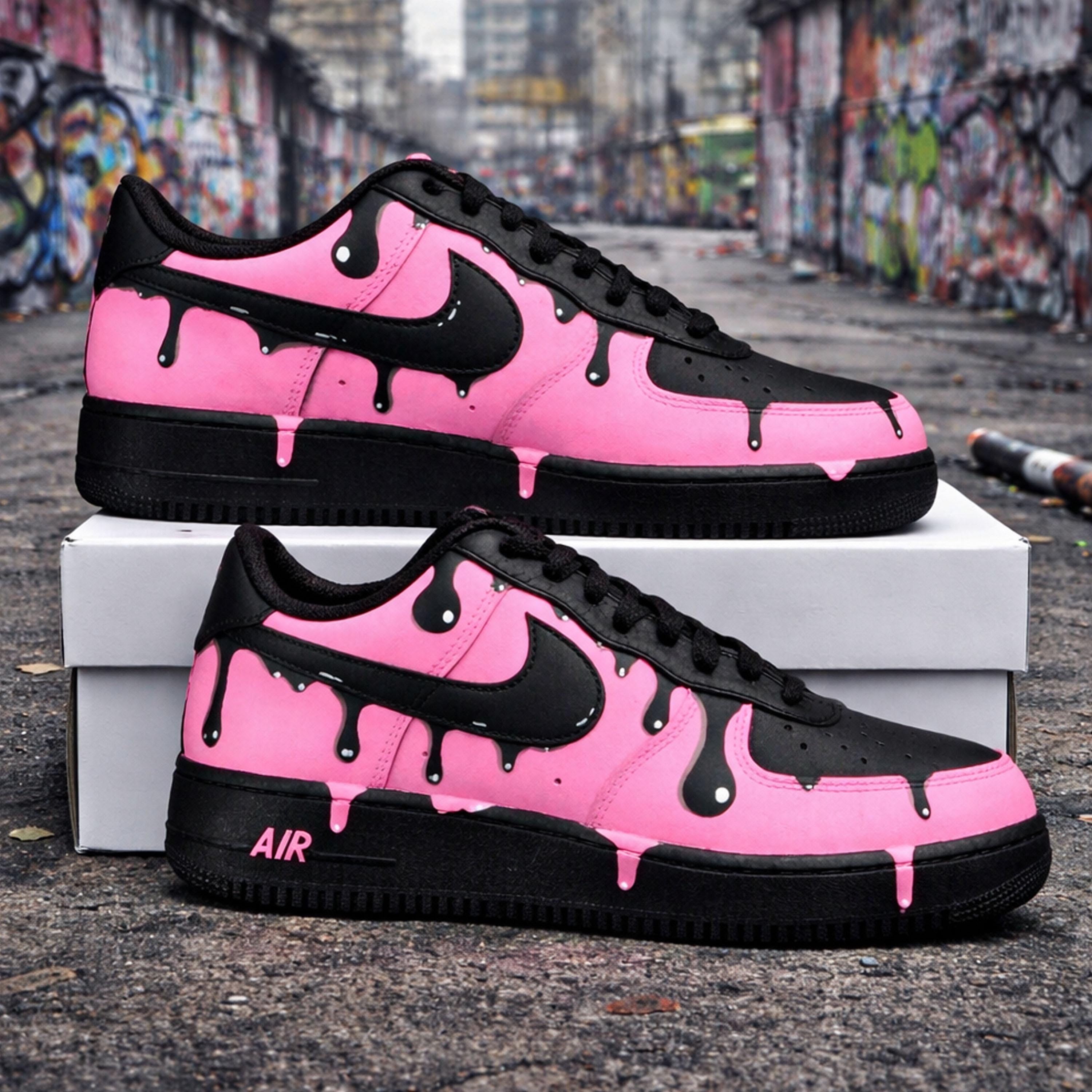 Custom Af1 Drip Custom Air Force 1 Pink Black Drip, Hand Painted Neon Pink AF1 ...