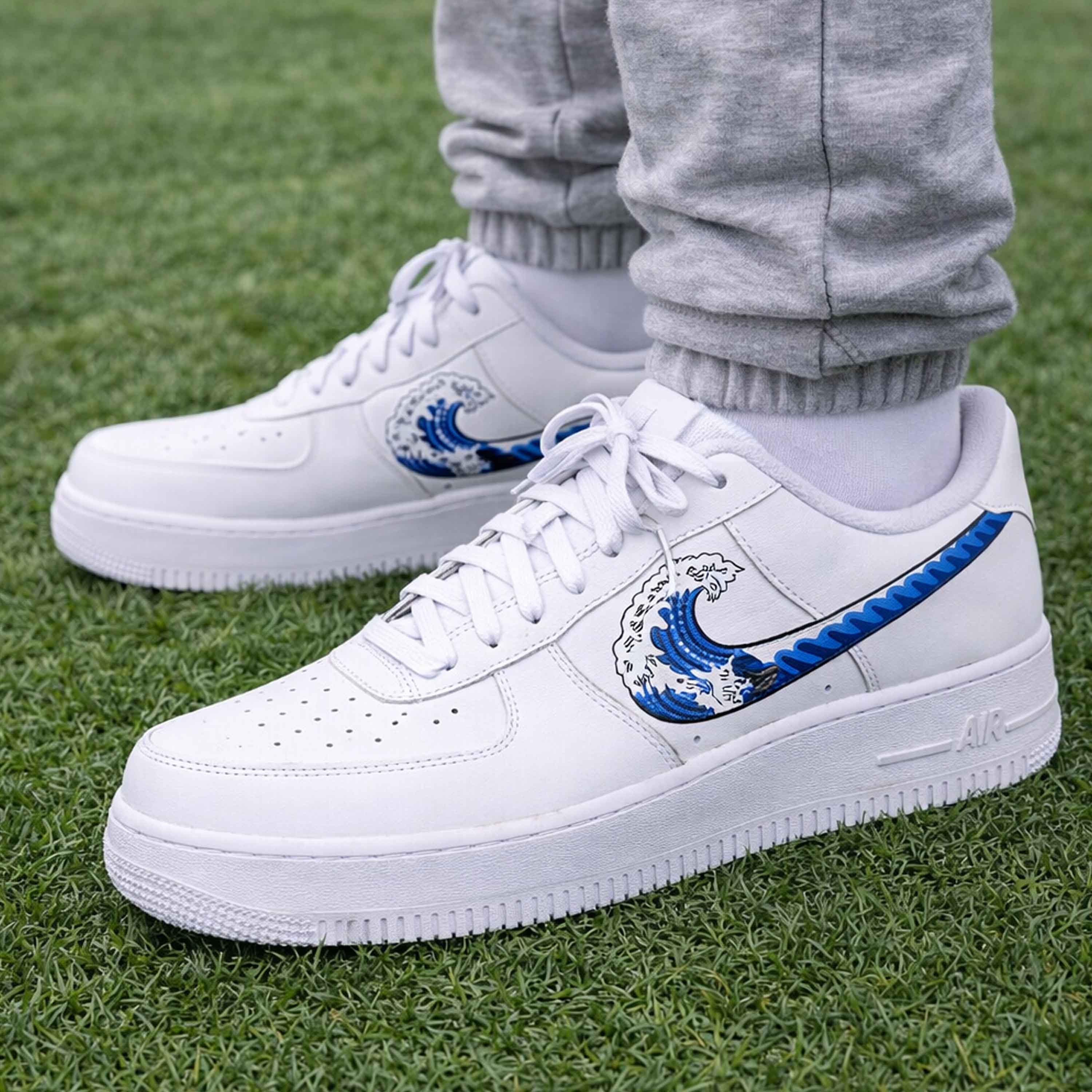 Ocean Wave Custom Af1 Sneakers, Blue Wave Swoosh Shoes, Hand Painted ...