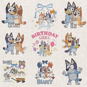 Pacote de design de bordado de cachorro azul e abraço de bingo, arquivo de bordado azul e bordado de bingo, 5 tamanhos, aniversário de desenho animado azul, download instantâneo