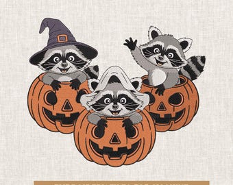Halloween Raccoons Trick or trash Machine embroidery, Halloween embroidery, Digital files, Embroidery Cartoon Pattern, Raccoons Embroidery