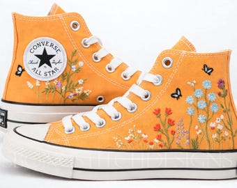 Orange Floral Converse, Wildflower  Sneakers, Handmade Embroidered Converse , Custom Botanical Sneakers, Nature Inspired Floral Converse