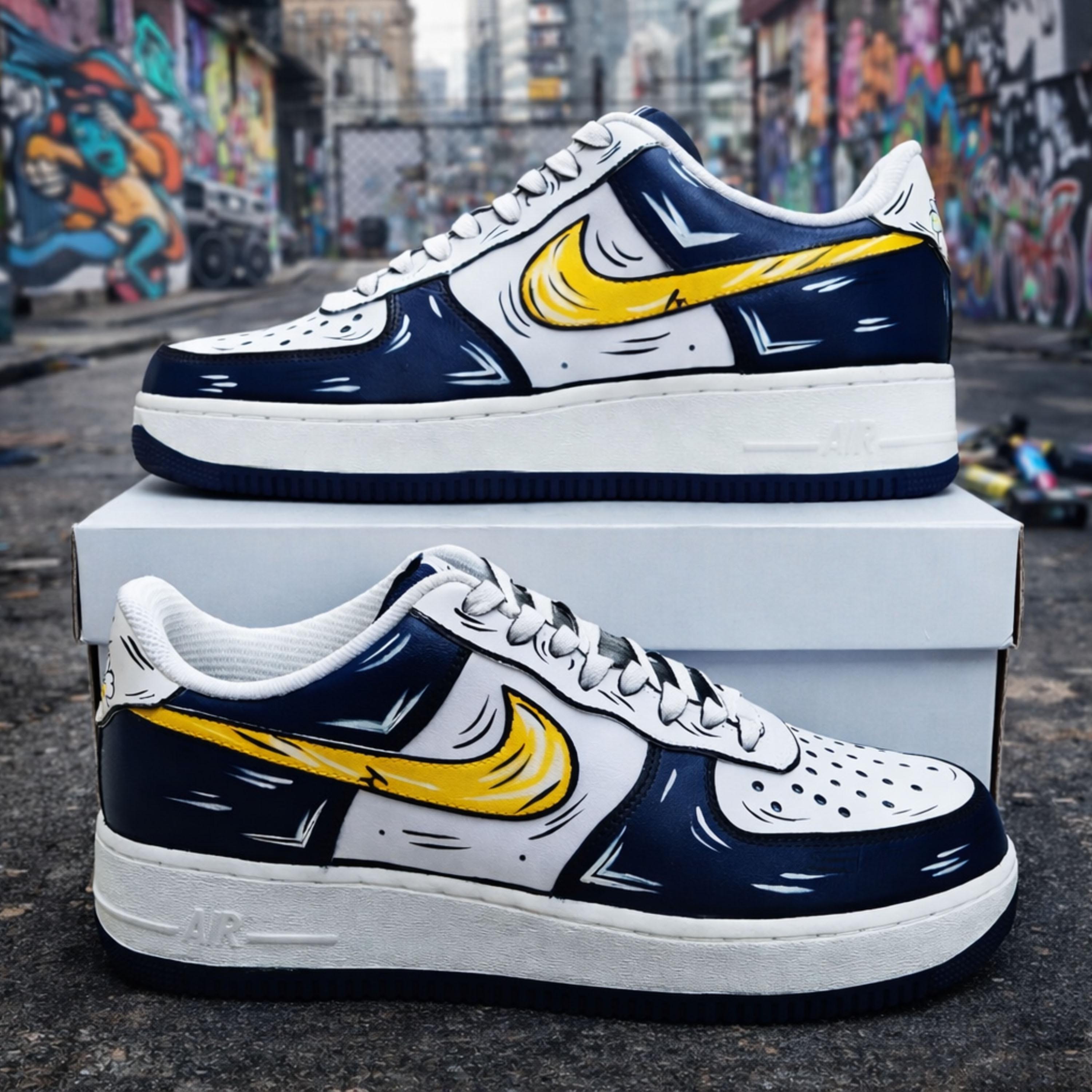 Custom Air Force 1 Cartoon Style, Navy Blue Yellow Hand Painted AF1 ...