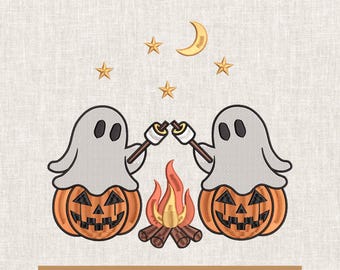 Ghost Campfire Embroidery Design, Halloween Embroidery Digital File – Spooky Ghost Stitch Pattern for Sweatshirts & Bags