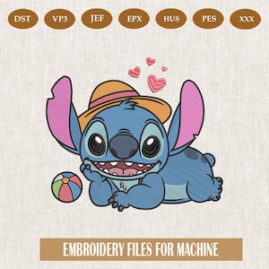 Stitch Heart Beach / Trendy Beach Embroidery, Cartoon Embroidery Cute Stitch, Amigurumi Cartoon Stitch Heart, Embroidery 5Size Patrtern