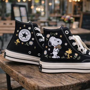 Custom Snoopy & Woodstock Embroidered Converse High Tops – Peanuts Floral Sneakers Gift for Her