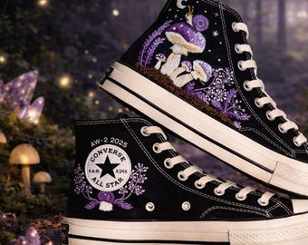 Hand Embroidered Mushroom Converse, Purple Cottagecore Chuck Taylor, Custom Nature Inspired Sneakers